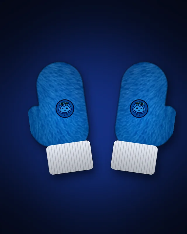 Blue fuzzy Lucky-style gloves with white cuffs
